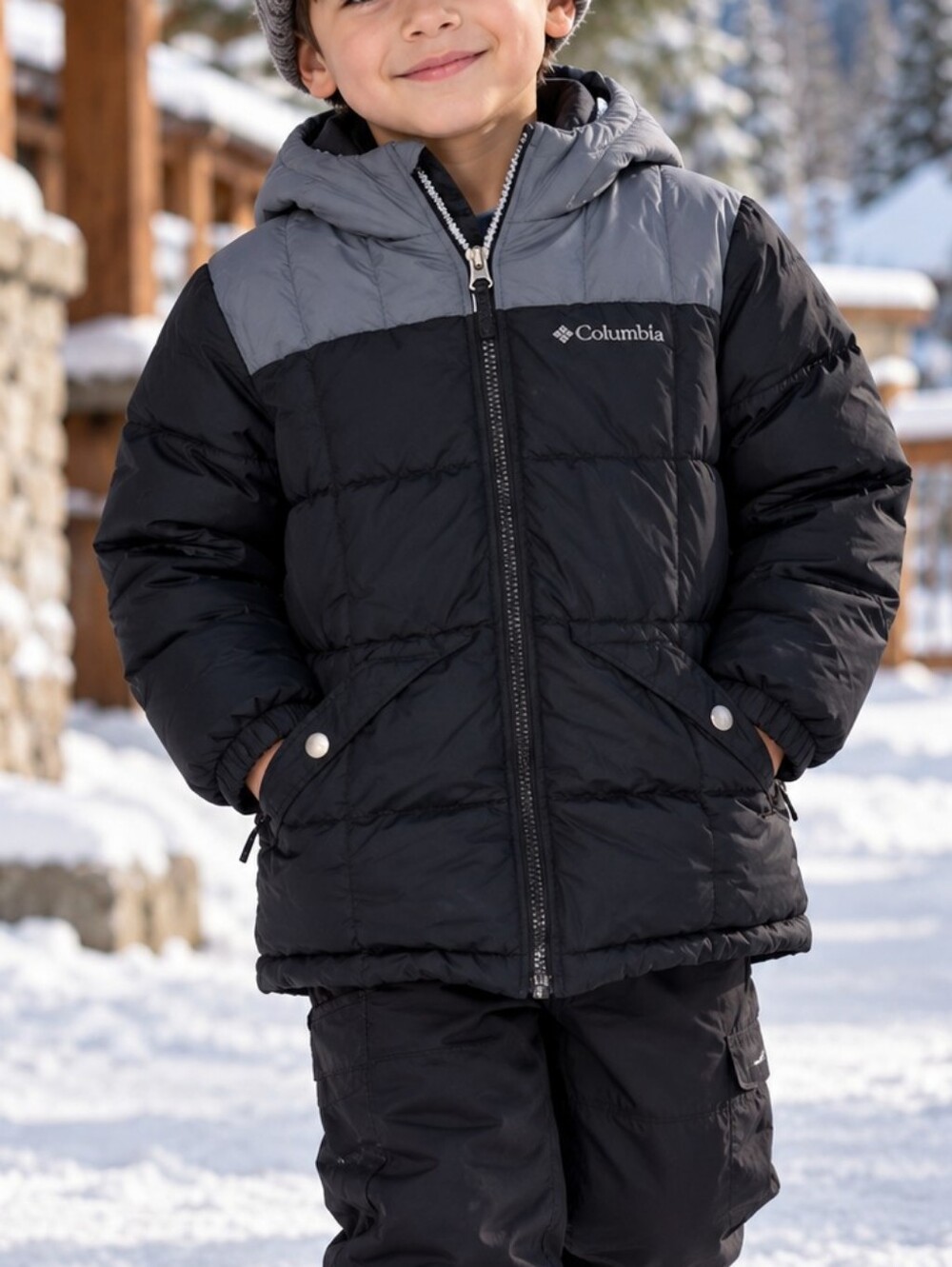 Columbia Kids Black Gray Hooded Puffer Winter Jacket Boys XS 6-7